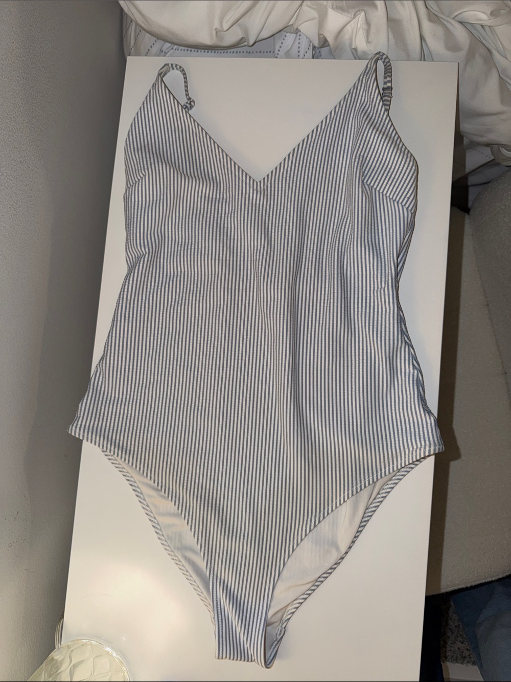 H&M White and Light Blue Striped One-Piece Swimsuit